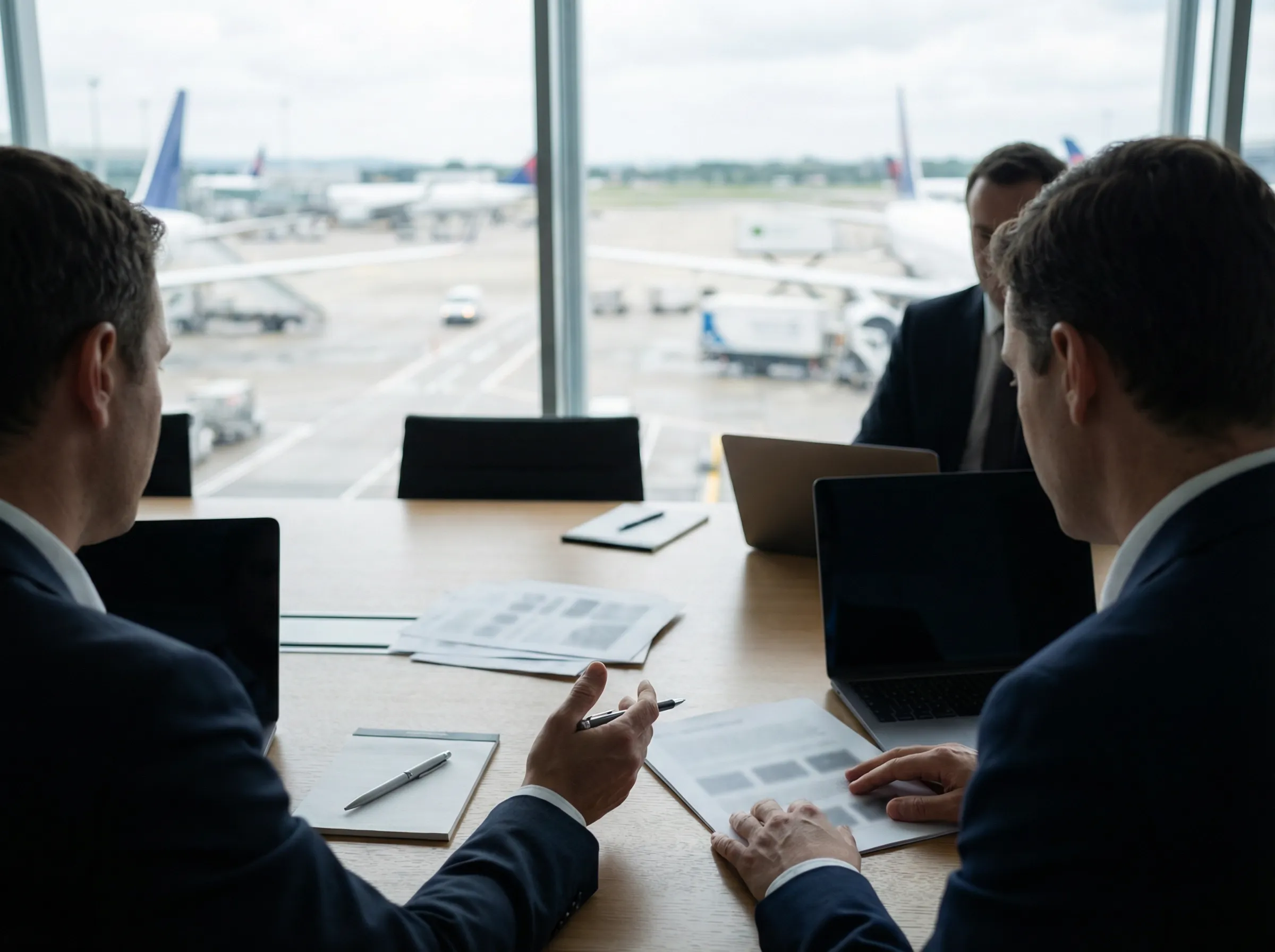 Business professionals in suits working with laptops and documents at a conference table near large airport windows showing airplanes and tarmac outside.