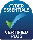 Cyber Essentials Certified Plus badge with blue and green curved design.