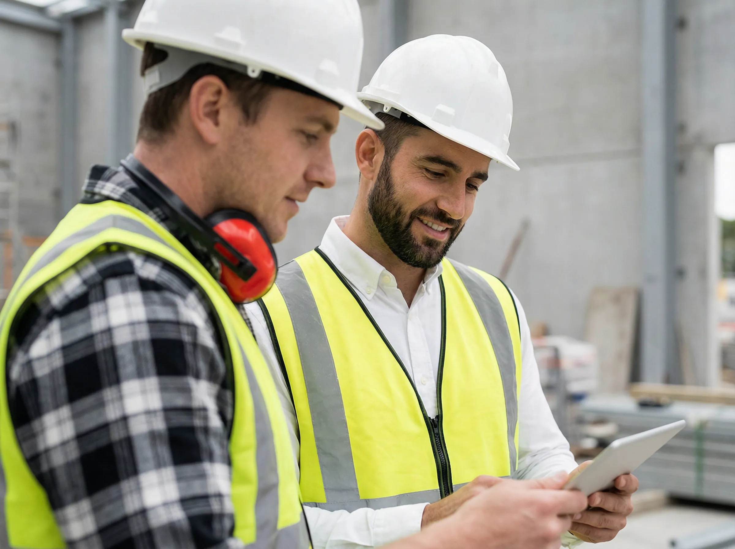 Two construction workers wearing white helmets and yellow safety vests looking at a tablet device on a job site.