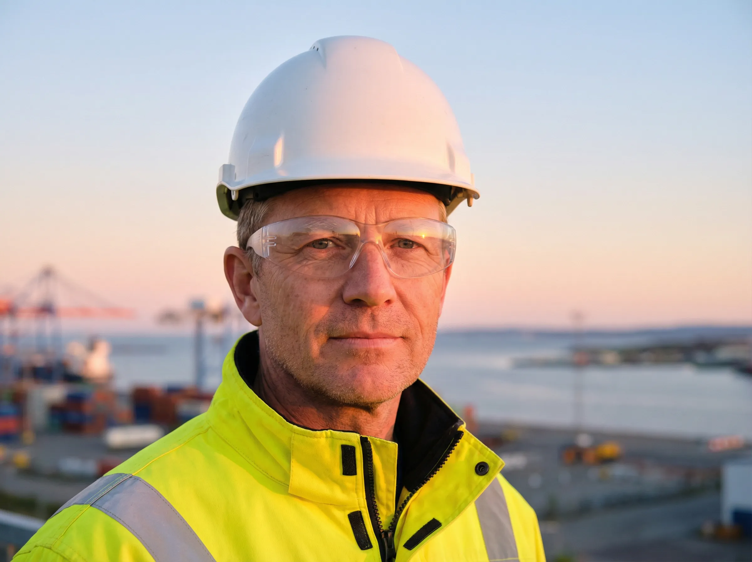 Construction worker wearing a white hard hat and high-visibility jacket at a port during sunset.