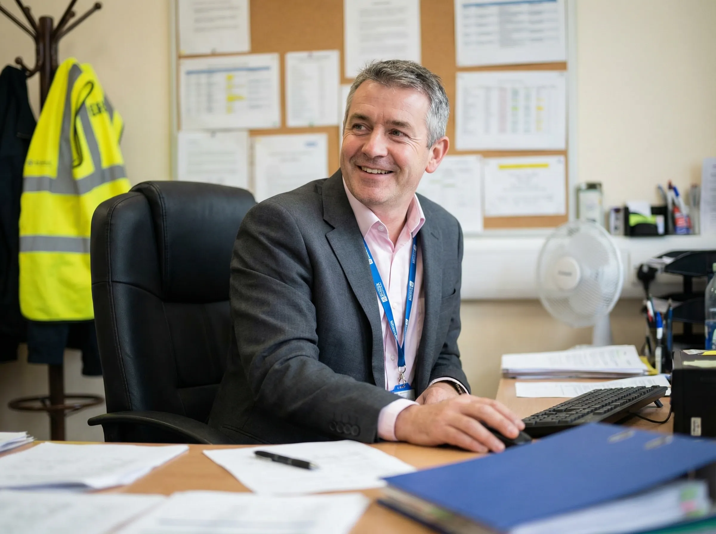 Smiling man in a suit sitting at an office desk with documents, using a computer mouse.