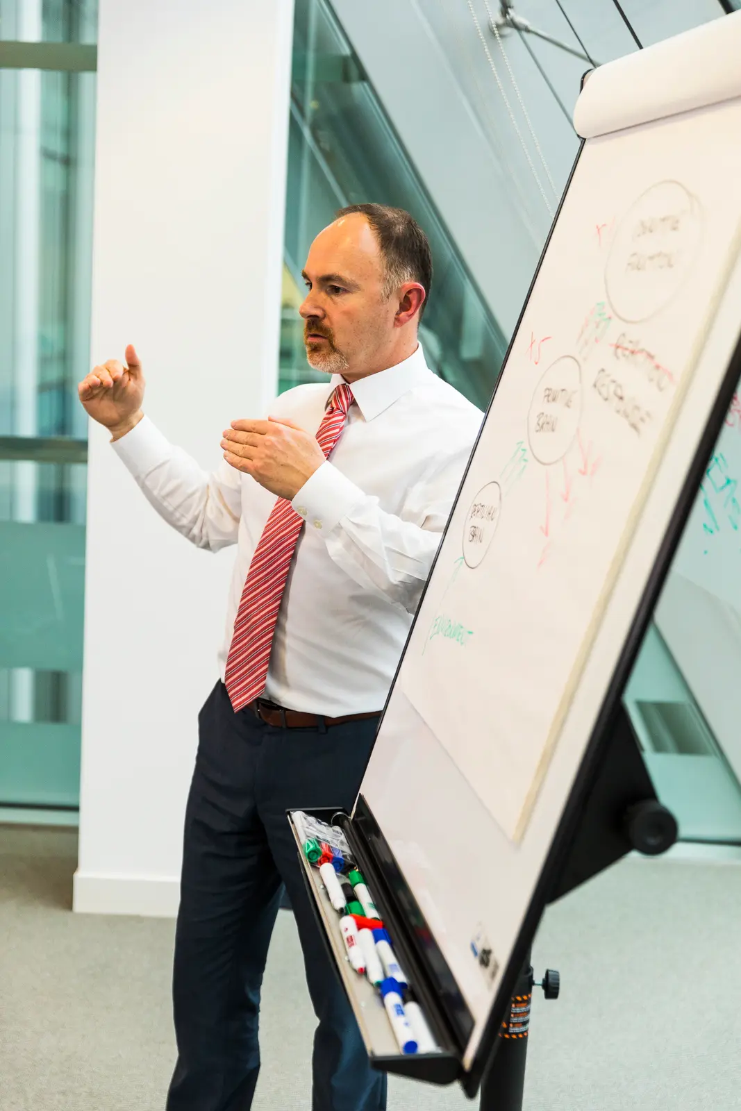Man in white shirt and red striped tie explaining concepts beside a flip chart with marker drawings in a modern office.