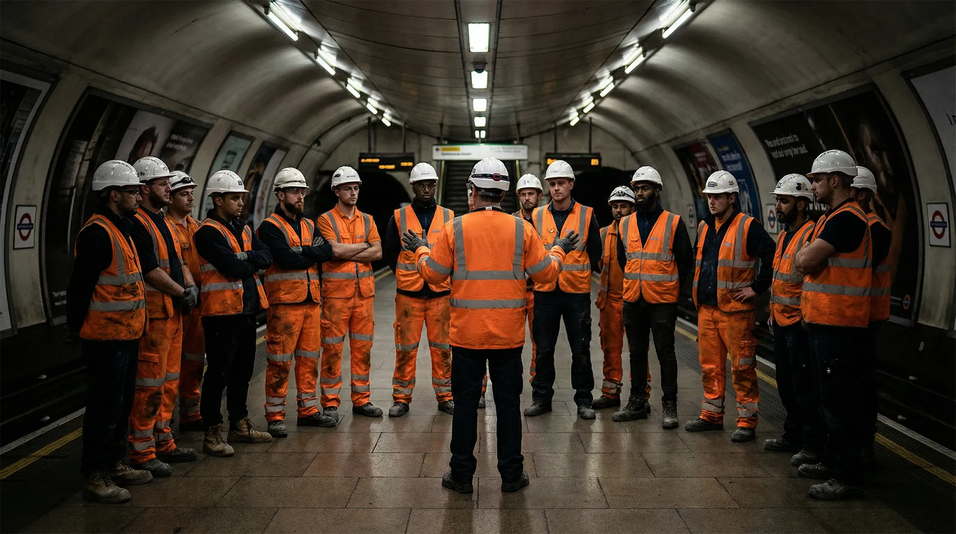 A group of underground workers in orange safety vests and helmets gathered in a subway tunnel, listening to a supervisor.